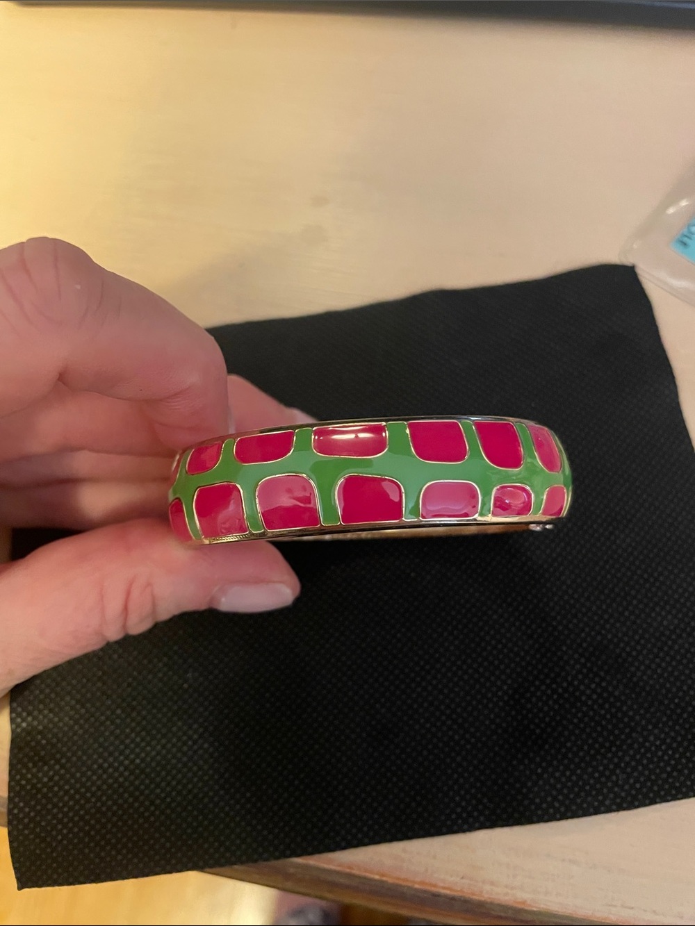 Green and Pink Enamel Hinged Bangle Bracelet